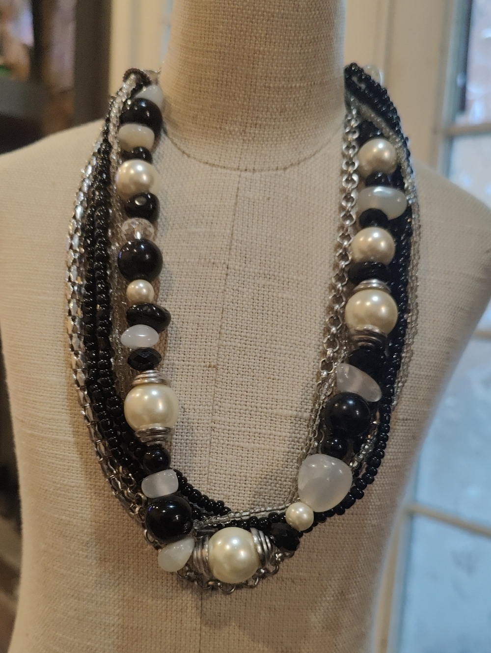 Multi-Strand Black & White Beaded Statement Necklace